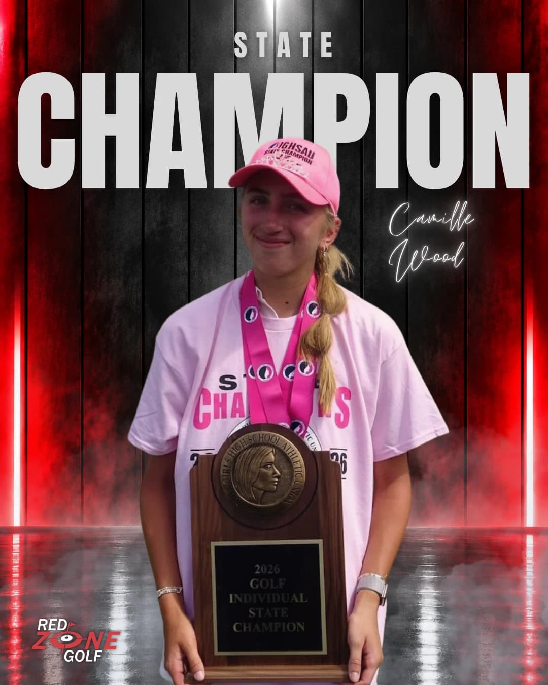 Camille Wood holding her 2026 individual state championship trophy