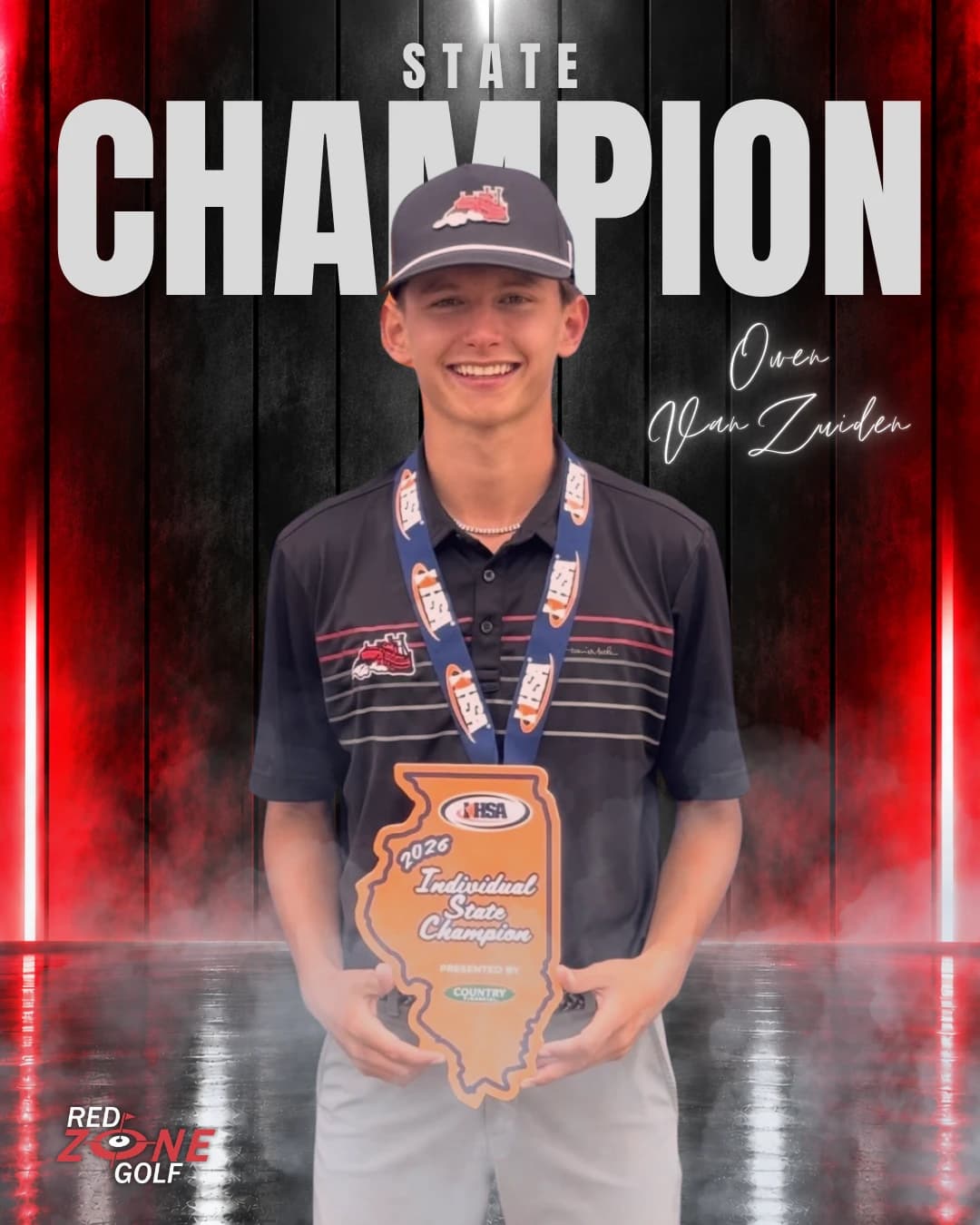 Owen Van Zuiden holding his 2026 individual state championship trophy